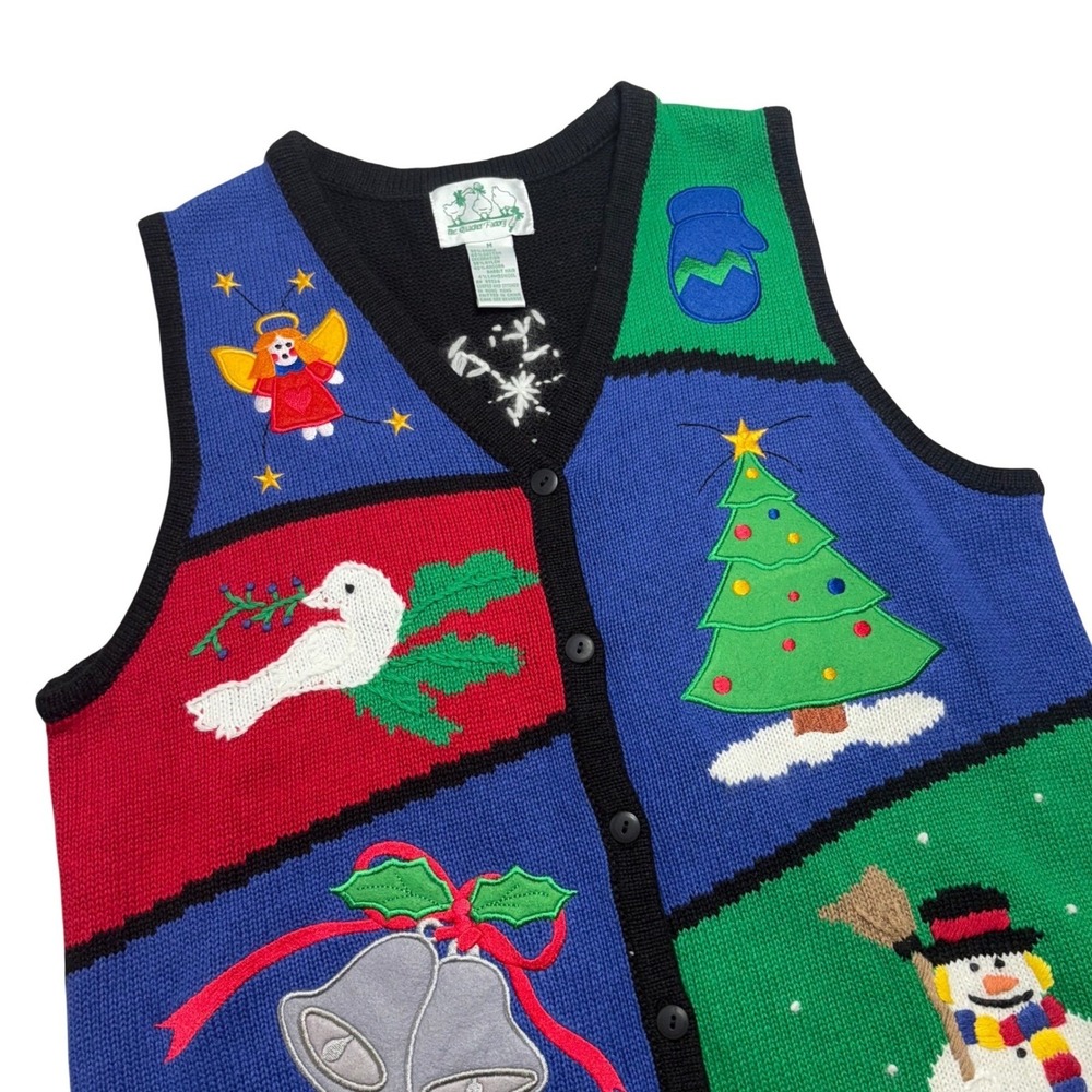 The Quaker Factory Christmas Vest‎ Women's M Snowman Tree Bells Angel Mitten